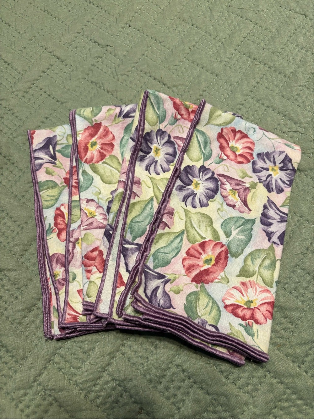 Longaberger Floral Purple Pink Green Cotton Kitchen Napkins